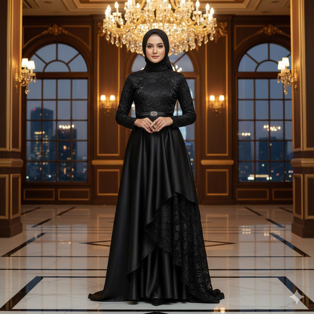 8 Model Gamis Hitam Syar'i dengan Kombinasi Lace 2025, Menawan untuk Acara Formal
