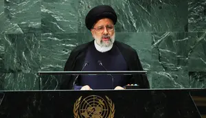 Presiden Iran Seyyed Ebrahim Raisi berbicara pada Majelis Umum PBB (UNGA) di markas besar PBB pada 19 September 2023 di New York City. (Dok:&nbsp;M. Santiago/AFP)