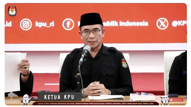 Komisi Pemilihan Umum Republik Indonesia (KPU RI) membacakan hasil rekapitulasi nasional Pemilihan Umum atau Pemilu 2024 pada Rabu (20/3/2024).