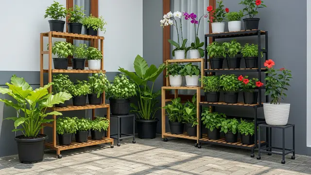 Kebun Mini dengan Rak Tanaman Bertingkat