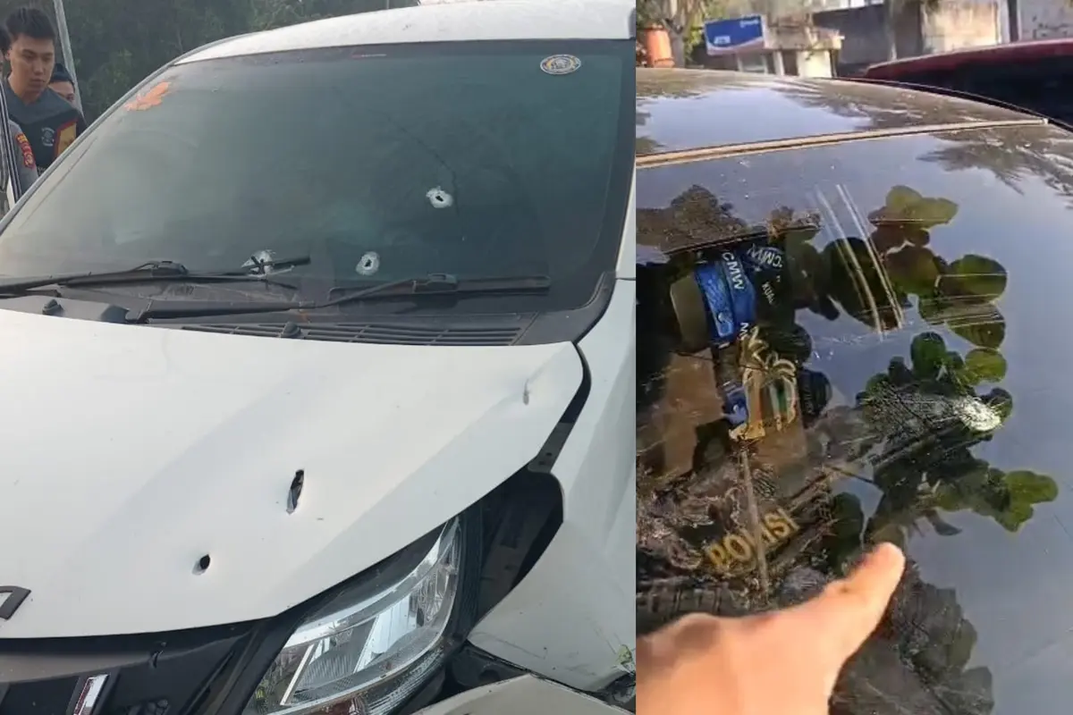 Mobil polisi dan mobil pelaku yang terlibat baku tembak saat upaya penangkapan paksa pencuri baterai tower BTS di Tulang Bawang, Lampung.