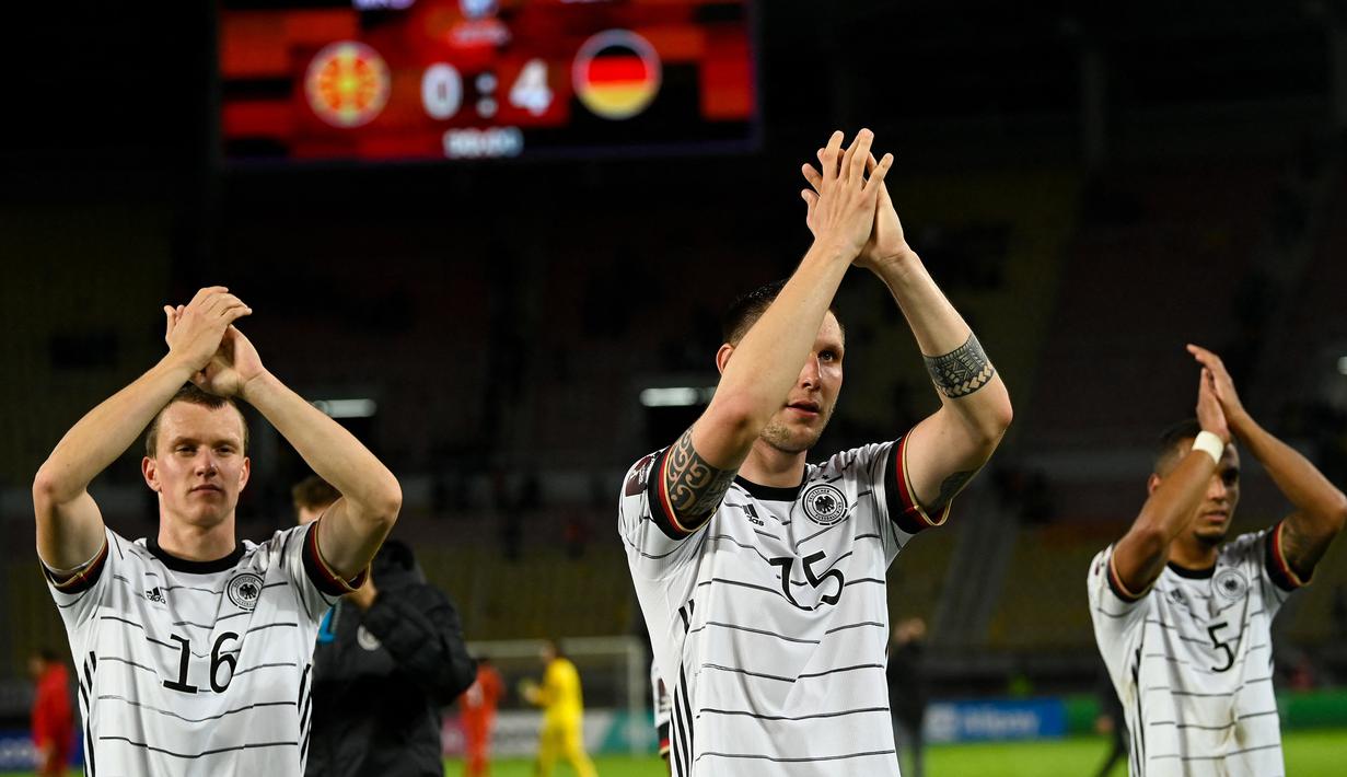 Timnas Jerman menjadi tim pertama selain tuan rumah Qatar yang memastikan lolos ke Putaran Final Piala Dunia 2022. Hasil itu didapat usai Tim Panser menang telak 4-0 atas tuan rumah Makedonia Utara dalam laga Kualifikasi Zona Eropa Grup J, Minggu (11/10/2021). (AFP/Nikolay Doychinov)