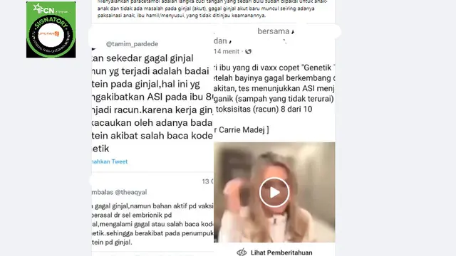 Tangkapan layar klaim gagal ginjal akut disebabkan air susu ibu yang sudah divaksin Covid-19