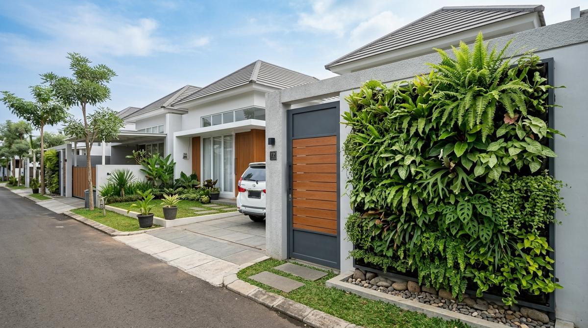 Model Pintu Gerbang Rumah dengan Tanaman Hijau (AI Generated)