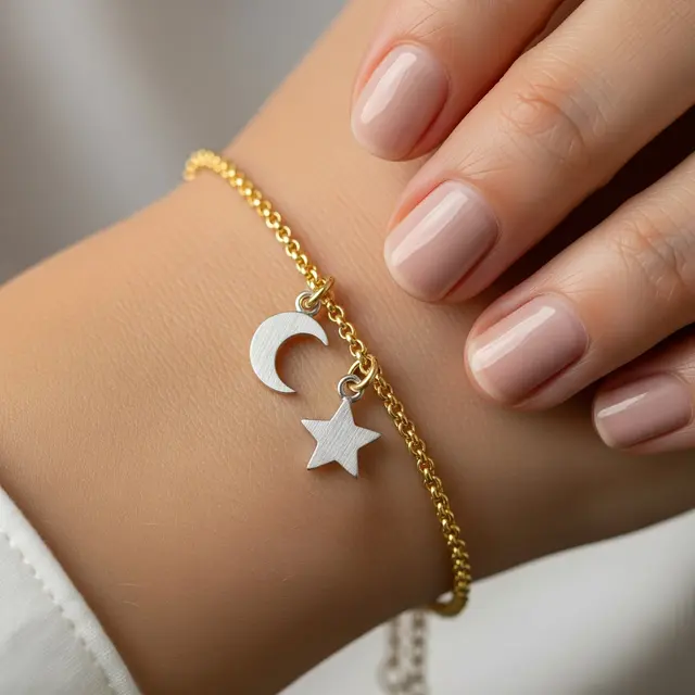9 Model Gelang Emas Model Rolo Chain Kombinasi Liontin Bulan dan Bintang, Kilau Elegan