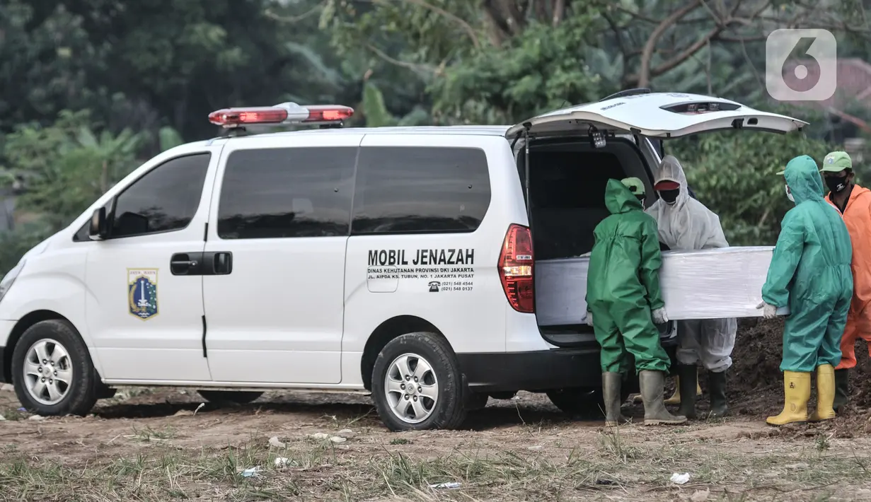 Petugas mengenakan APD saat mengeluarkan jenazah korban Covid-19 dari ambulans di TPU Tegal Alur, Jakarta, Kamis (25/6/2020). Menurut petugas makam TPU Tegal Alur, selama masa PSBB Transisi jumlah pemakaman jenazah dengan protap Covid-19 meningkat dibanding bulan lalu. (merdeka.com/Iqbal S Nugroho)