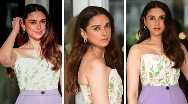 Foto kombinasi Aditi Rao Hydari saat menghadiri peluncuran 'hyaluronic moisture range' L'Oréal Paris di Mumbai pada 25 Agustus 2022. (AFP/Sujit Jaiswal)