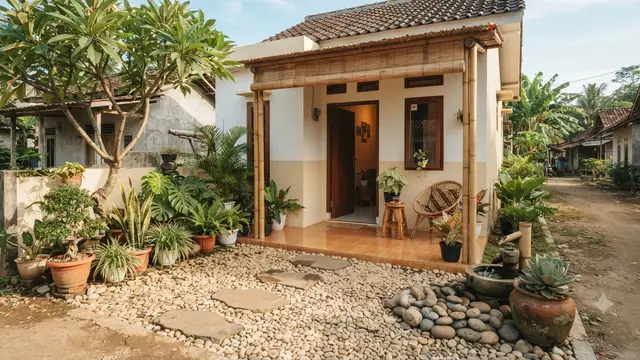 Gaya taman kering estetik ala resort di rumah mungil jadi ekslusif model menyatu dengan teras
