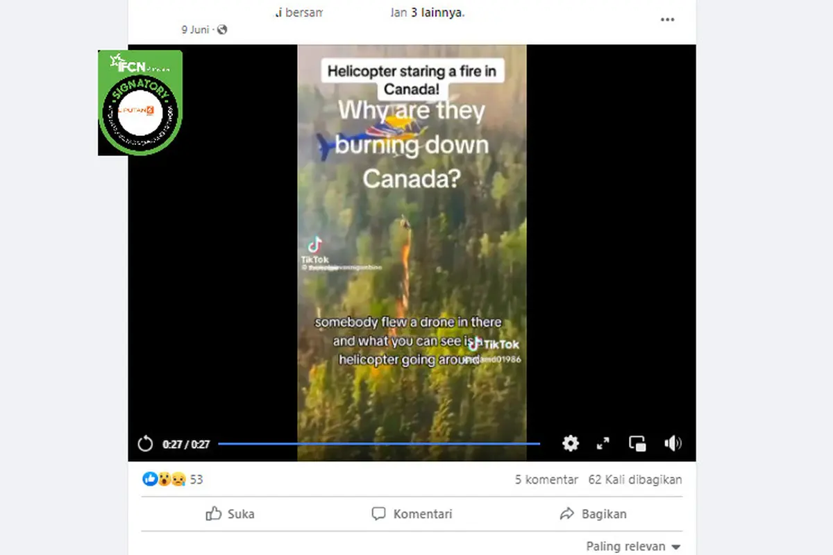 Tangkapan layar  klaim video helikopter sedang memulai kebakaran hutan di Kanada