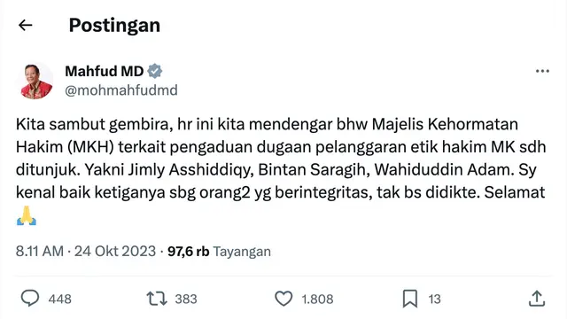 Unggahan Mahfud MD. (Foto: Dok. Twitter @mohmahfudmd)