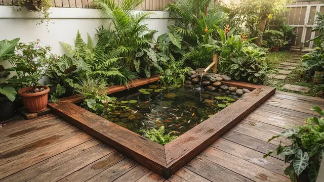 Desain Kolam Ikan dengan Elemen Kayu