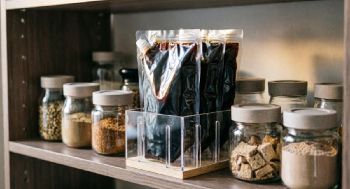 Trik Sederhana Menyimpan Kecap Kemasan Plastik agar Tidak Tumpah Meski Rak Dapur Penuh (AI Generated)