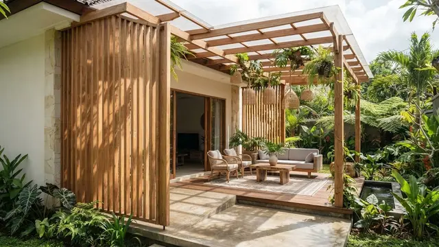 Pergola dengan Atap Transparan dan Kisi-Kisi Kayu