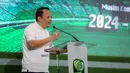 Deputy Director Origramming Indosiar, Ekin Gabriel Surbakty memberikan sambutan saat konferensi pers Pegadaian Liga 2 2024/2025 yang berlangsung di The Gade Tower, Senen, Jakarta, Selasa (03/09/2024). (Bola.com/Bagaskara Lazuardi)