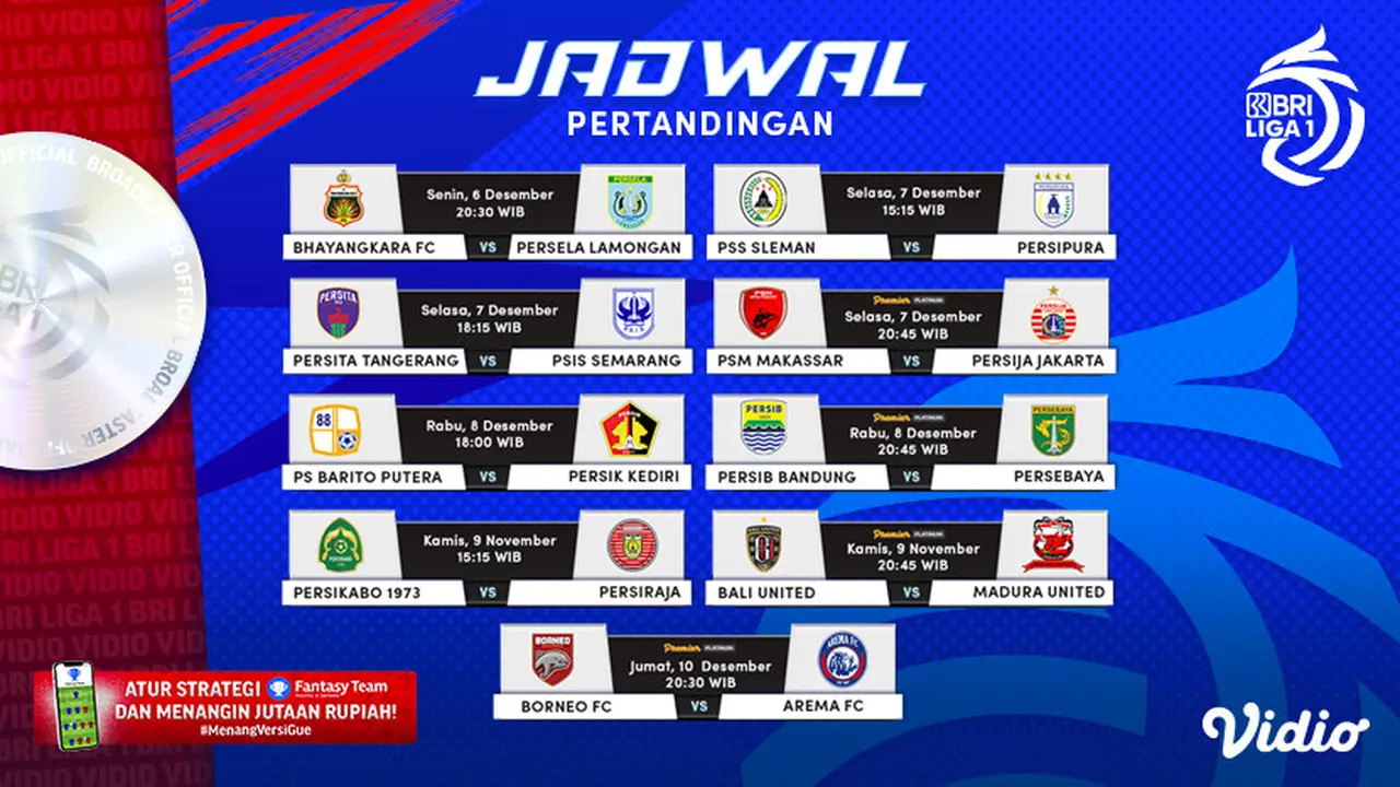 Jadwal Lengkap BRI Liga 1 2021/2022 pekan ke-16 Mulai 6-10 Desember 2021