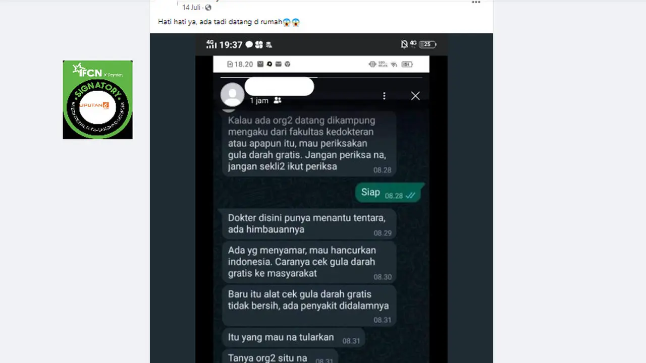 Tangkapan layar  informasi penyamar mengaku dari fakultas kedokteran sebarkan penyakit lewat cek gula darah gratis untuk hancurkan Indonesia.