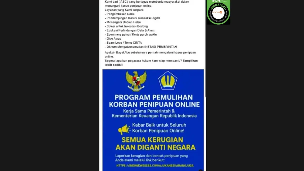 Cek Fakta Liputan6.com mendapati klaim link pelaporan program pemulihan korban penipuan online dari Indonesia Anti-Scam Centre (IASC).