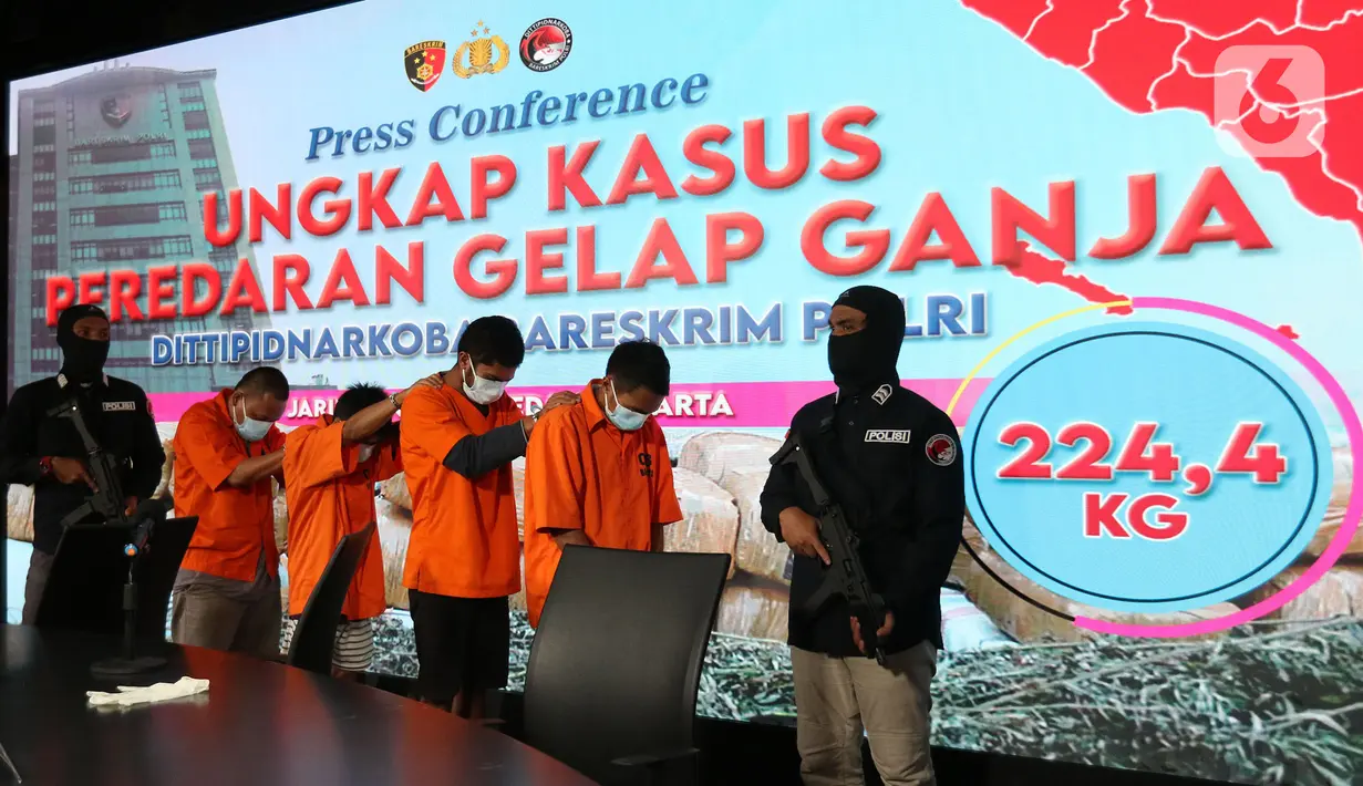 Tersangka dihadirkan saat rilis kasus narkotika di Gedung Divisi Humas Polri, Jakarta, Jumat (26/11/2021). Dirtipid Narkoba mengungkap kasus peredaran narkotika jenis ganja sejumlah 224,4 kilogram jaringan Aceh-Jakarta dengan menangkap empat orang tersangka. (Liputan6.com/Herman Zakharia)