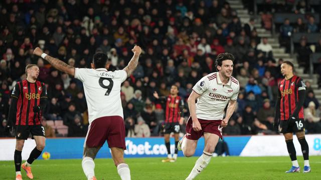 Perayaan gol Declan Rice di laga Bournemouth vs Arsenal di pekan ke-20 Liga Inggris 2025/2026 di Vitality Stadium, Minggu (04/01/2026) dini hari WIB.
