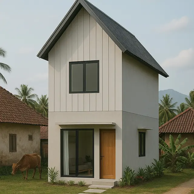 Desain Rumah Minimalis 5x7 Meter 2 Lantai di Desa dengan Loteng/via ChatGPT