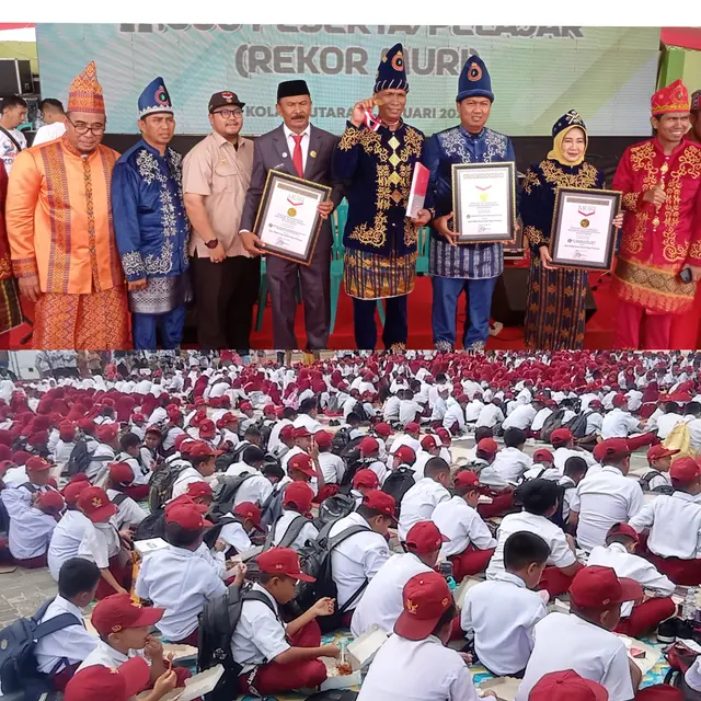 Pihak MURI melalui Andri Purwandono dan Pj Bupati Kolaka Utara Yusmin, saat menyerahkan Piagam Rekor kegiatan makan bergizi gratis serentak kepada 22.000 pelajar, Selasa (7/1/2025).