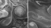 Foto Jupiter (kanan) dan Bumi (kiri). (NASA/Lansat-8/JunoCam)