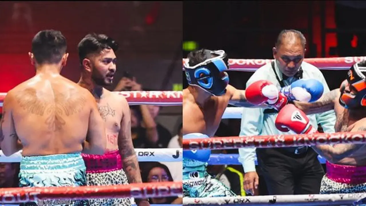 Potret Onadio Leonardo tanding tinju lawan Bobby Saputra (credit: bola.com)