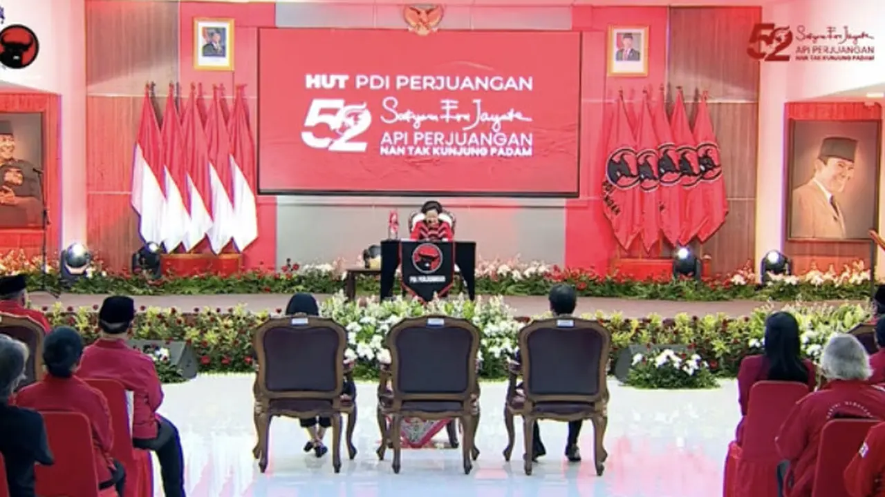 Ketua Umum (Ketum) PDI Perjuangan Megawati Soekarnoputri saat menyampaikan Pidato Politik di acara HUT ke-52 PDIP.