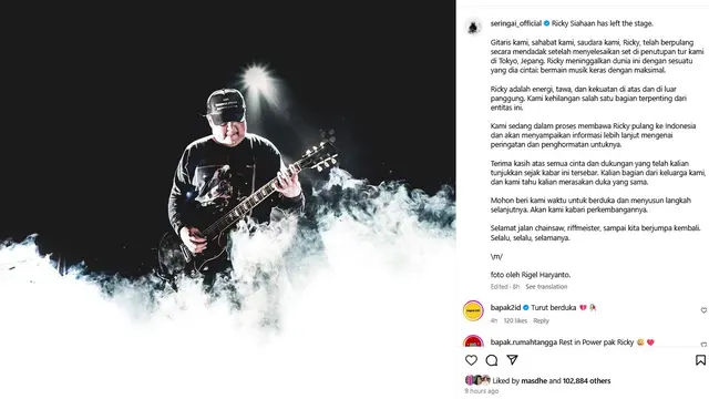 Unggahan di akun Instagram Seringsi mengenai Ricky Siahaan. (Instagram/ seringai_official)