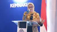 Menaker Ida Fauziyah saat memberikan sambutan Rapat Kordinasi Perluasan Kesempatan Kerja (PKK) Ditjen Binapenta dan PKK 2020, di Jakarta, Selasa (3/3/2020)