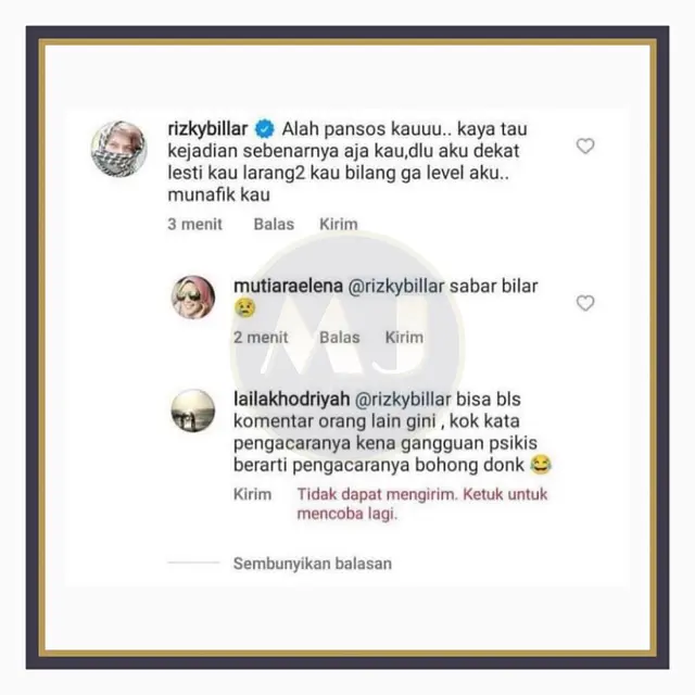Tangkapan Layar Komentar Rizky Billar di Instagram