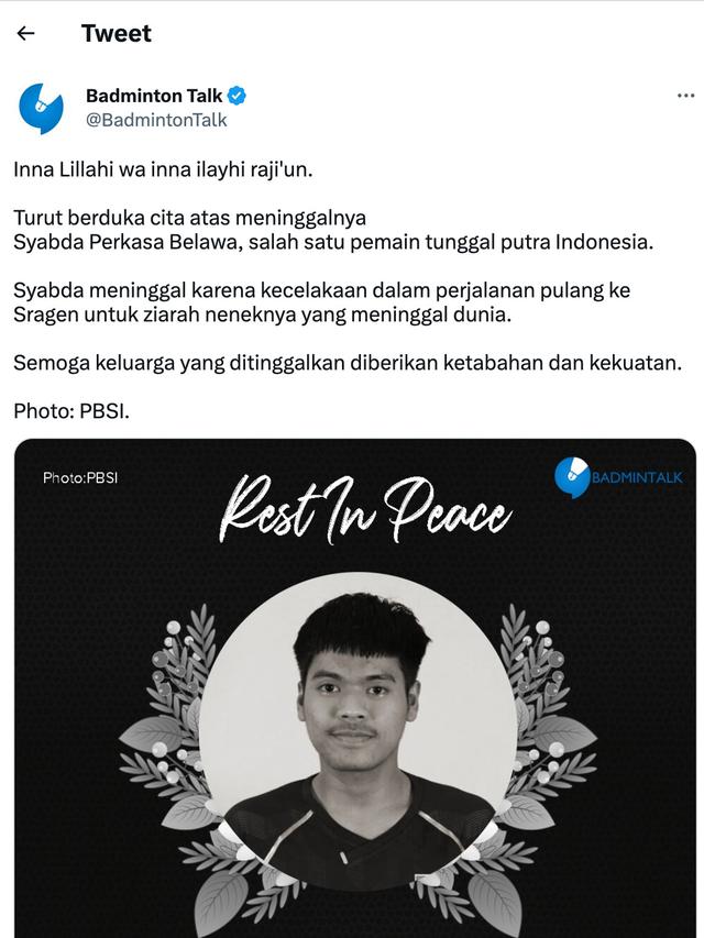 Ucapan dukacita atas meninggalnya Syabda Perkasa Belawa. (Foto: Dok. Twitter @BadmintonTalk)