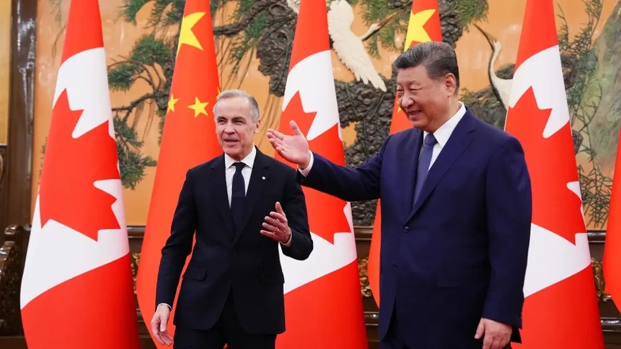 PM Kanada Mark Carney saat bertemu dengan Presiden China Xi Jinping di Beijing, Jumat (16/1/2026).