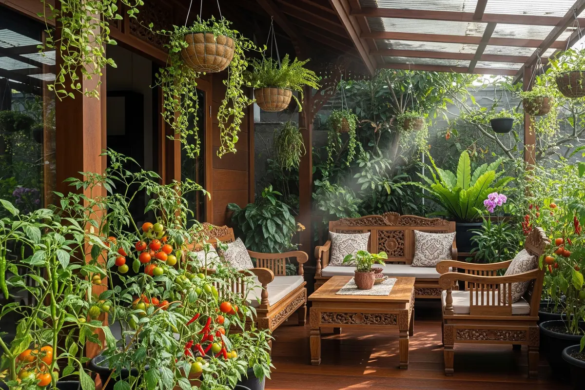 Desain Teras Cozy dengan Kebun Cabai dan Tomat Buat Dapur Langsung Petik (AI Generated)