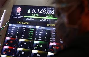 Pekerja melintas di dekat layar digital pergerakan saham di Gedung BEI, Jakarta, Rabu (14/10/2020). Pada pembukaan perdagangan pukul 09.00 WIB, IHSG masih naik, namun tak lama kemudian, IHSG melemah 2,3 poin atau 0,05 persen ke level 5.130, 18. (Liputan6.com/Angga Yuniar)