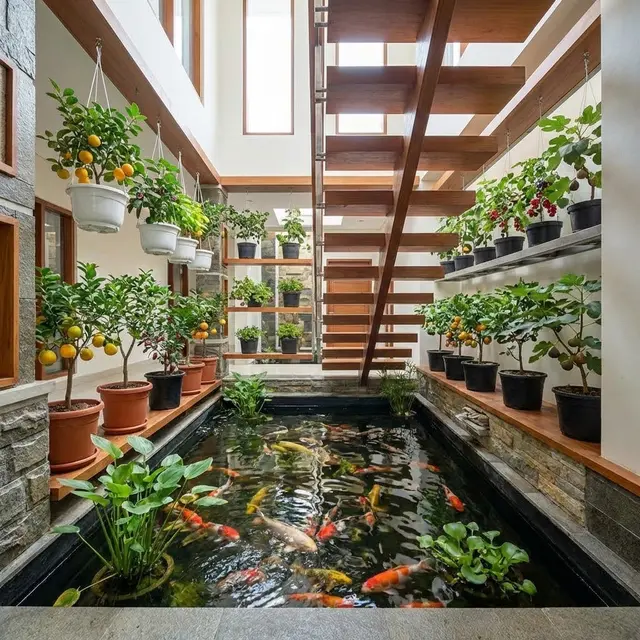 Desain Kolam Ikan Kombinasi Tabulampot di Lahan Sempit