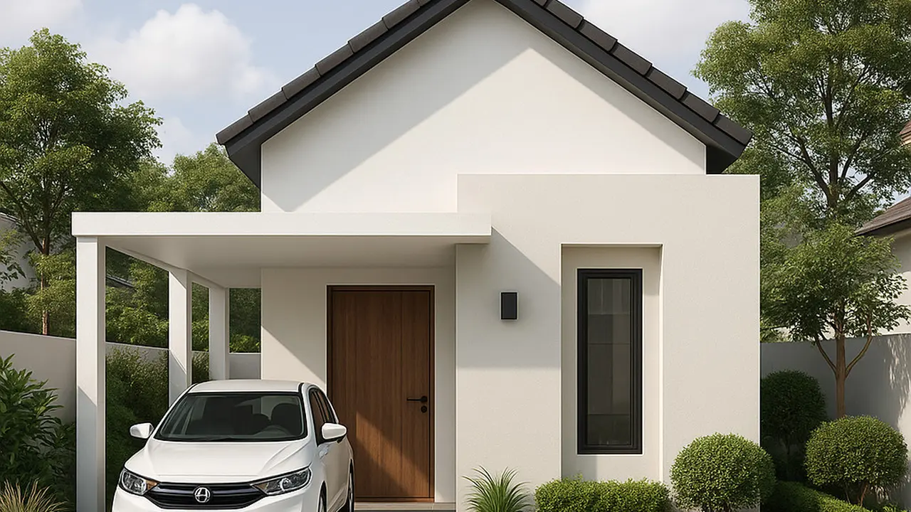 Desain Rumah 9x9 Modern Minimalis Lengkap dengan Taman dan Carport