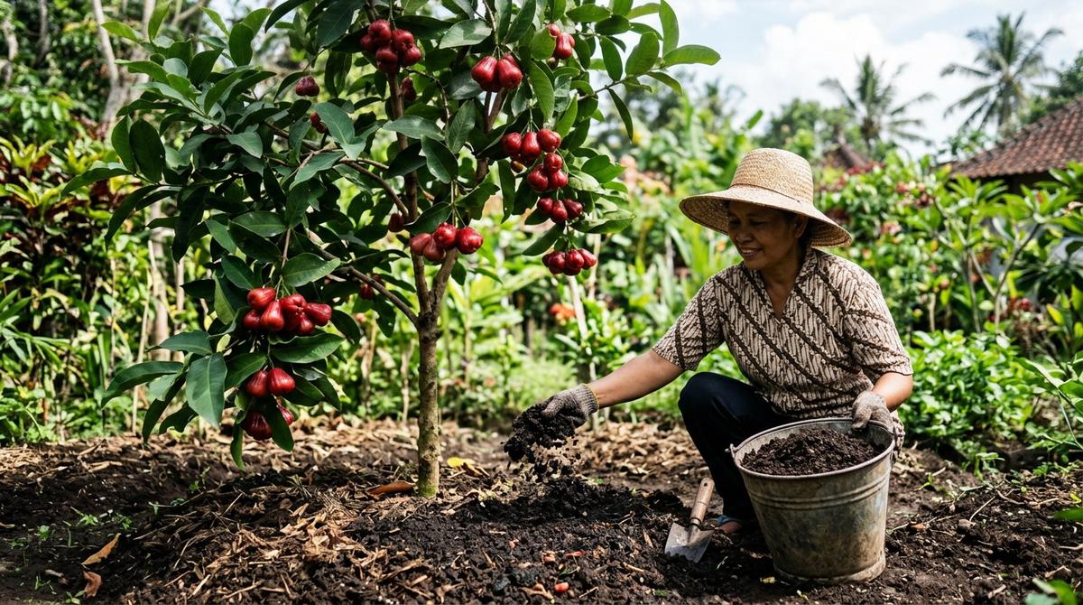 Pupuk Rumahan untuk Membantu Pohon Jambu Air Cepat Berbuah (AI Generated)