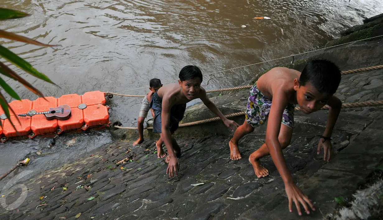 Sejumlah anak tampak menaiki tebing saat bermain di aliran Sungai Ciliwung, Jakarta, Rabu (18/5/2016). Air Ciliwung yang mulai membersih dimanfaatkan anak-anak sekitar Cikiwung untuk berenang. (Liputan6.com/Yoppy Renato)
