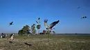 Bangau Sarus Timur yang terbang menjauh setelah dilepasliarkan di waduk Huai Chorakhe Mak, Buriram, Thailand, Minggu (25/12/2022). Bangau satu ini suka hidup di sawah dan lahan basah. (Lillian SUWANRUMPHA / AFP)