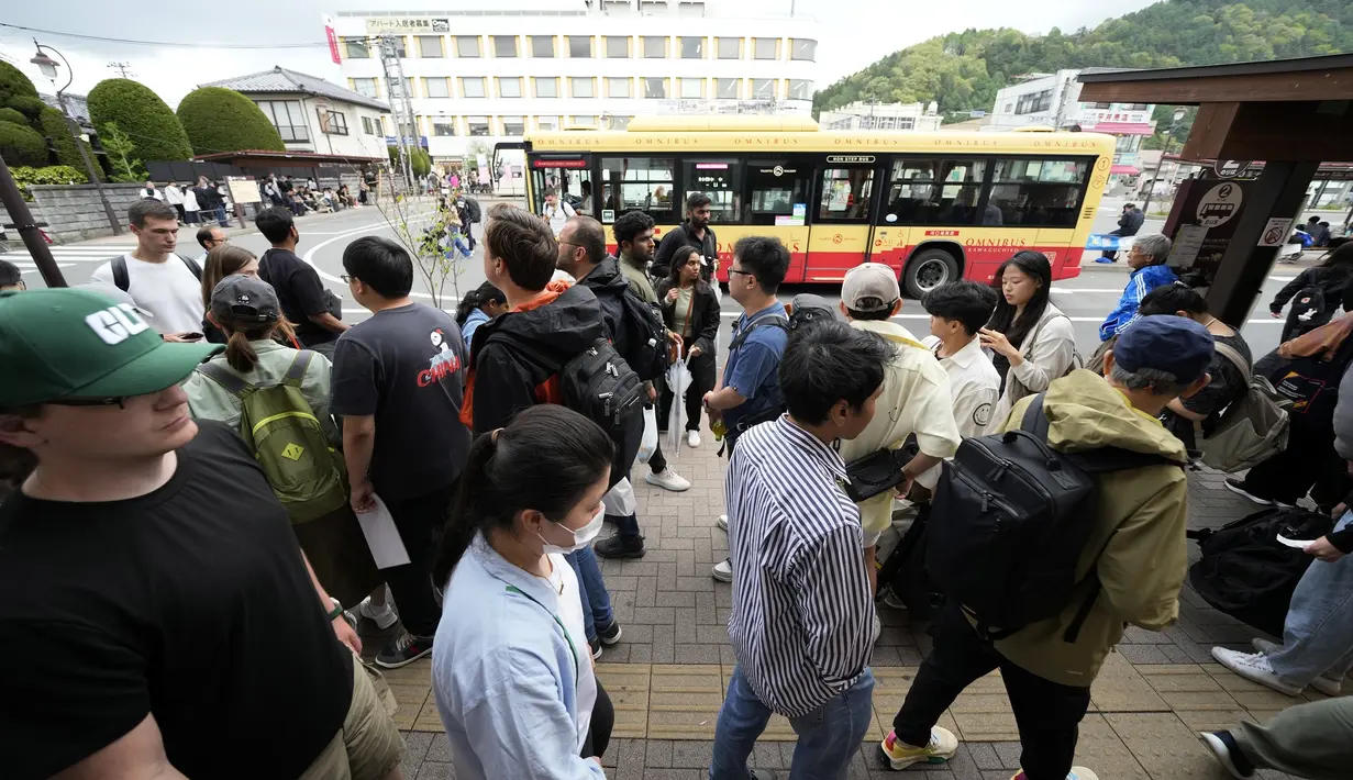 Kota Fujikawaguchiko di Jepang telah memutuskan untuk membangun penghalang jaring setinggi delapan kaki untuk menghalangi pemandangan Gunung Fuji. (AP Photo/Eugene Hoshiko)