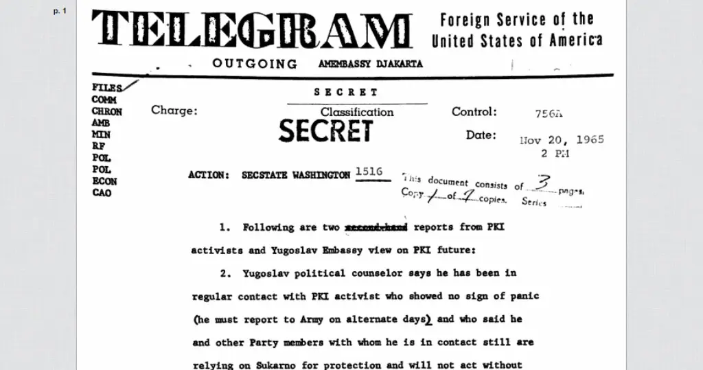 Telegram 1516 dari Kedubes Amerika Serikat di Jakarta untuk Menteri Luar Negeri AS (Captured: US National Security Archive)