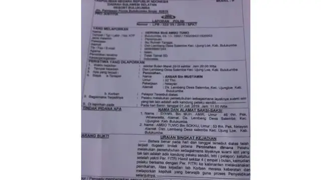 Bukti laporan polisi Hervina di Polres Bulukumba usai melaporkan suaminya yang menikahi adiknya sendiri (Fauzan/Liputan6.com)