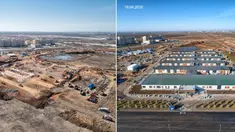 Foto gabungan menunjukkan perkembangan pembangunan sebuah rumah sakit darurat pada 5 April 2020 (kiri) dan pada 18 April 2020 di Nur-Sultan, Kazakhstan. Kazakhstan membangun rumah sakit darurat untuk merawat pasien COVID-19 hanya dalam waktu 13 hari di ibu kota negara tersebut. (Xinhua/BI Group)