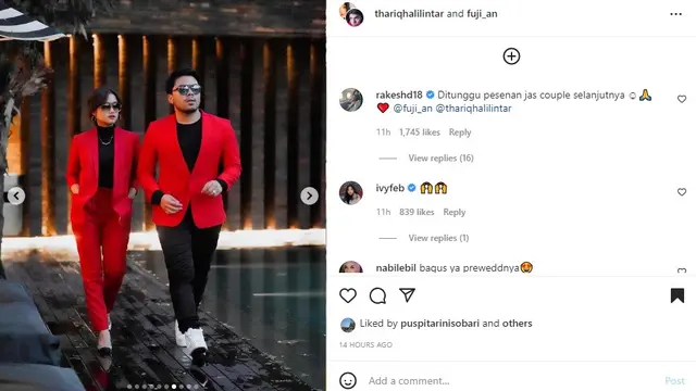 Fuji dan Thariq Halilintar serasi mengenakan jas couple warna merah (Foto: Instagram/@thariqhalilintar)