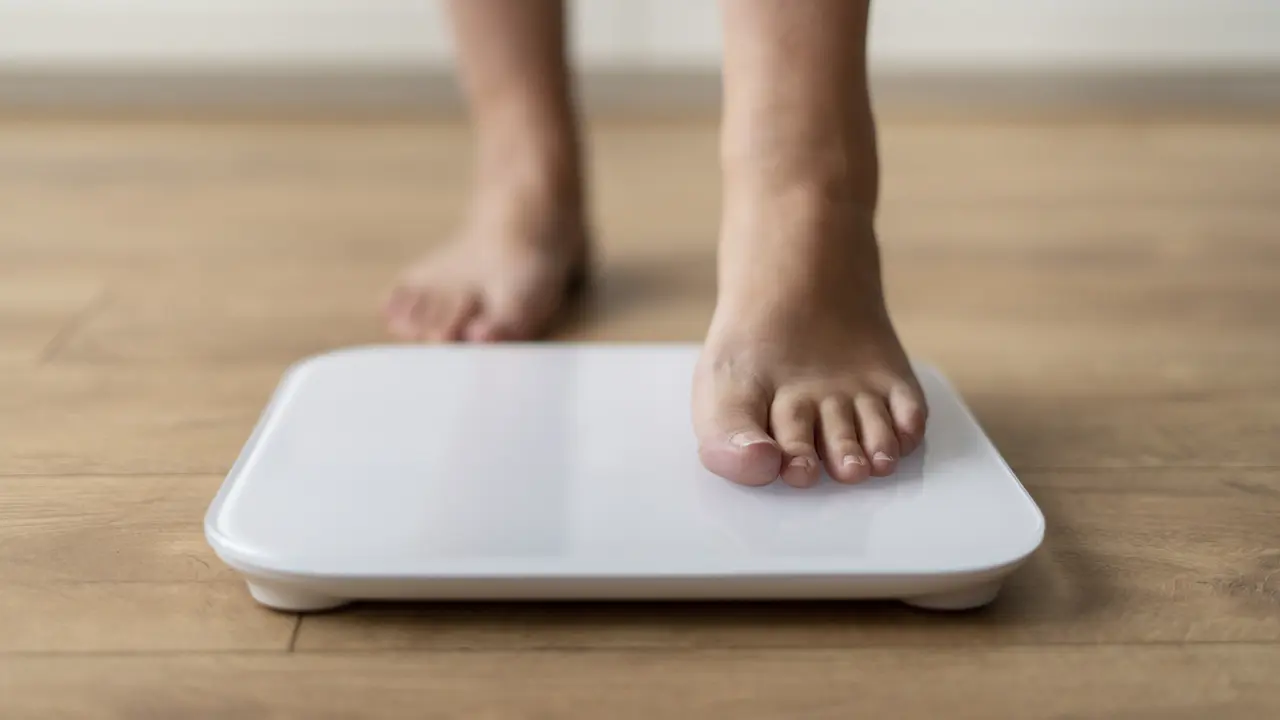 Sebelah kaki seorang perempuan sedang menginjak timbangan badan (Foto Dok: Freepik/freepik)