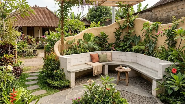 Bangku dari Bata Ringan yang Menyatu dengan Taman dengan Konsep Outdoor Living Modern Model Menyatu dengan Dinding Taman