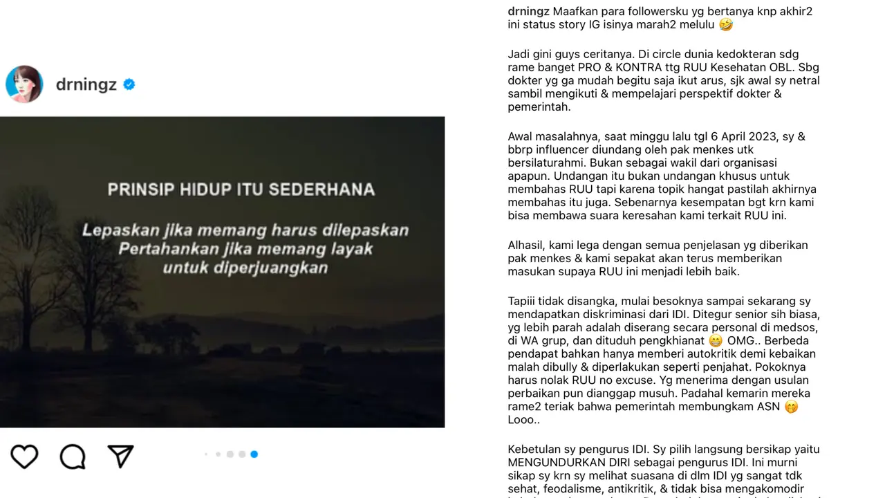 Unggahan RA Adaninggar atau Dokter Ning Usai Memutuskan Keluar sebagai Pengurus IDI