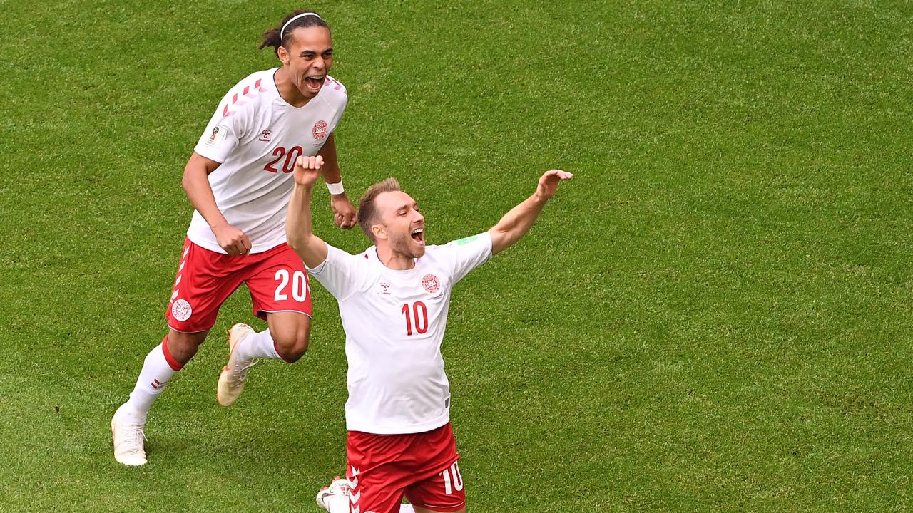 Christian Eriksen mencetak gol pertama Timnas Denmark kala menghadapi Australia di Piala Dunia 2018.