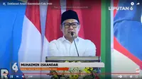Ketum PKB Muhaimin Iskandar atau Cak Imin menyampaikan pidato di acara deklarasi Anies Baswedan - Cak Imin sebagai pasangan Capres-Cawapres 2024. (Liputan6.com)